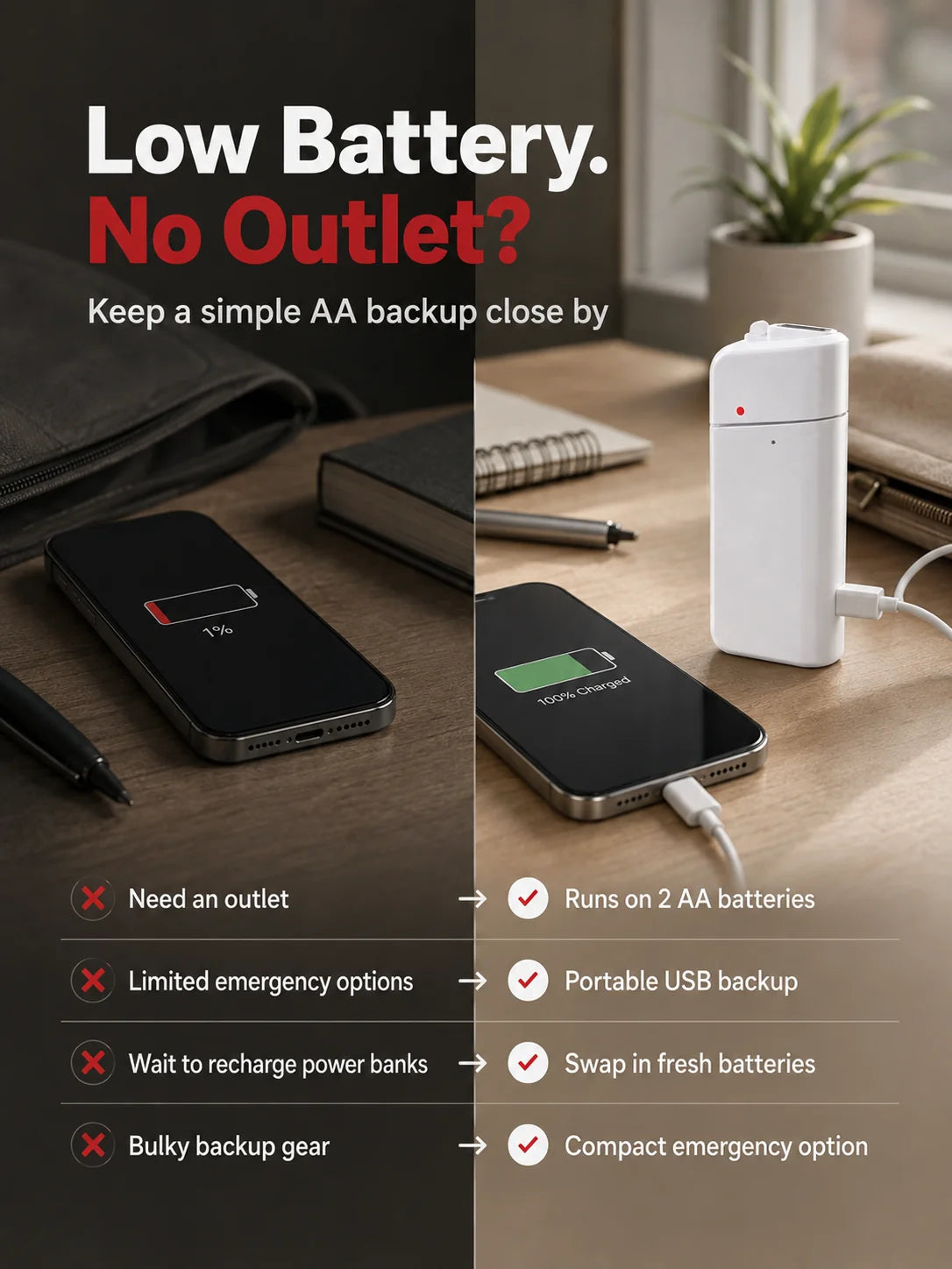 Emergency Phone Charger – 🔋🔋 AA Battery Powered USB Backup with LED Flashlight