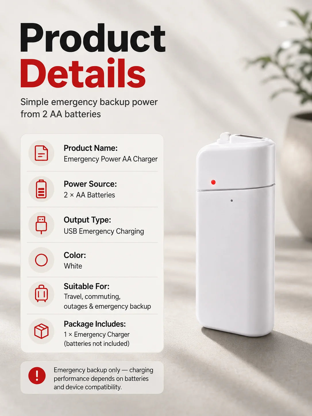 🔋 Emergency Phone Charger – AA Battery Powered USB Backup with LED Flashlight