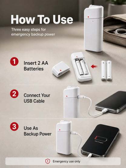 Emergency Phone Charger – 🔋🔋 AA Battery Powered USB Backup with LED Flashlight