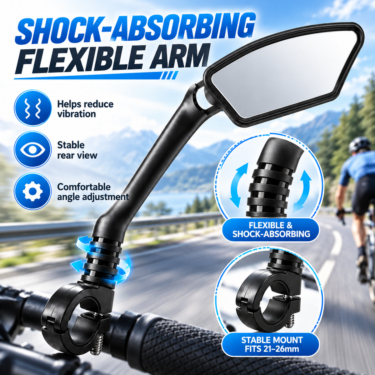 💥360° Rotatable Bicycle Rearview Mirror – Shock-Absorbing Arm, Weather-Resistant, Universal Mount 🛡️