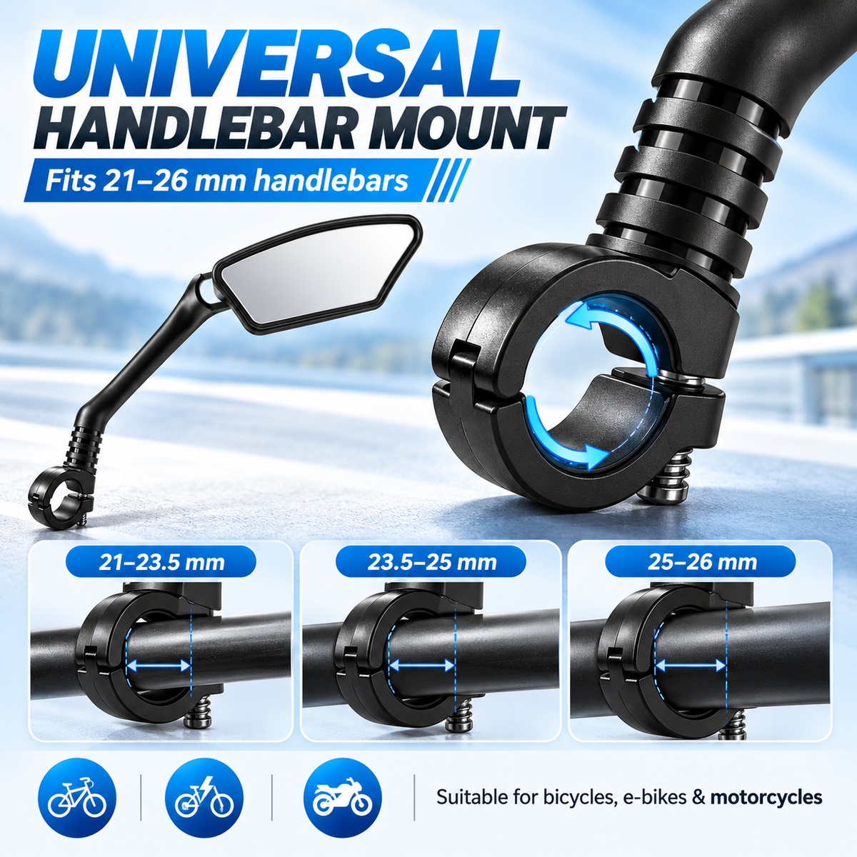 💥360° Rotatable Bicycle Rearview Mirror – Shock-Absorbing Arm, Weather-Resistant, Universal Mount 🛡️