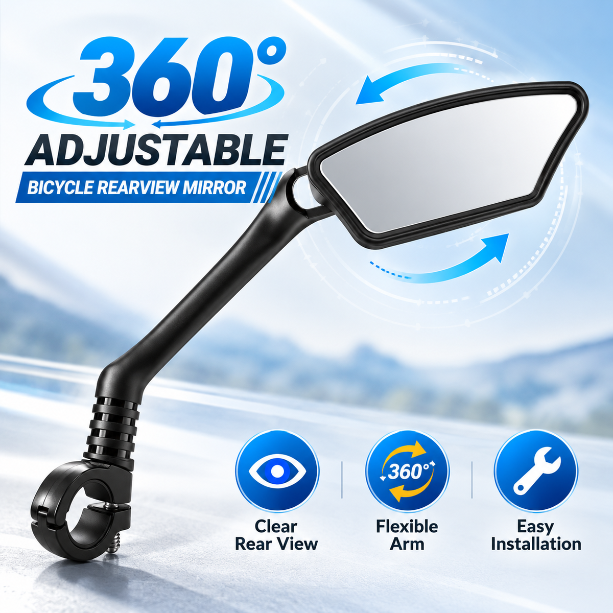 💥360° Rotatable Bicycle Rearview Mirror – Shock-Absorbing Arm, Weather-Resistant, Universal Mount 🛡️