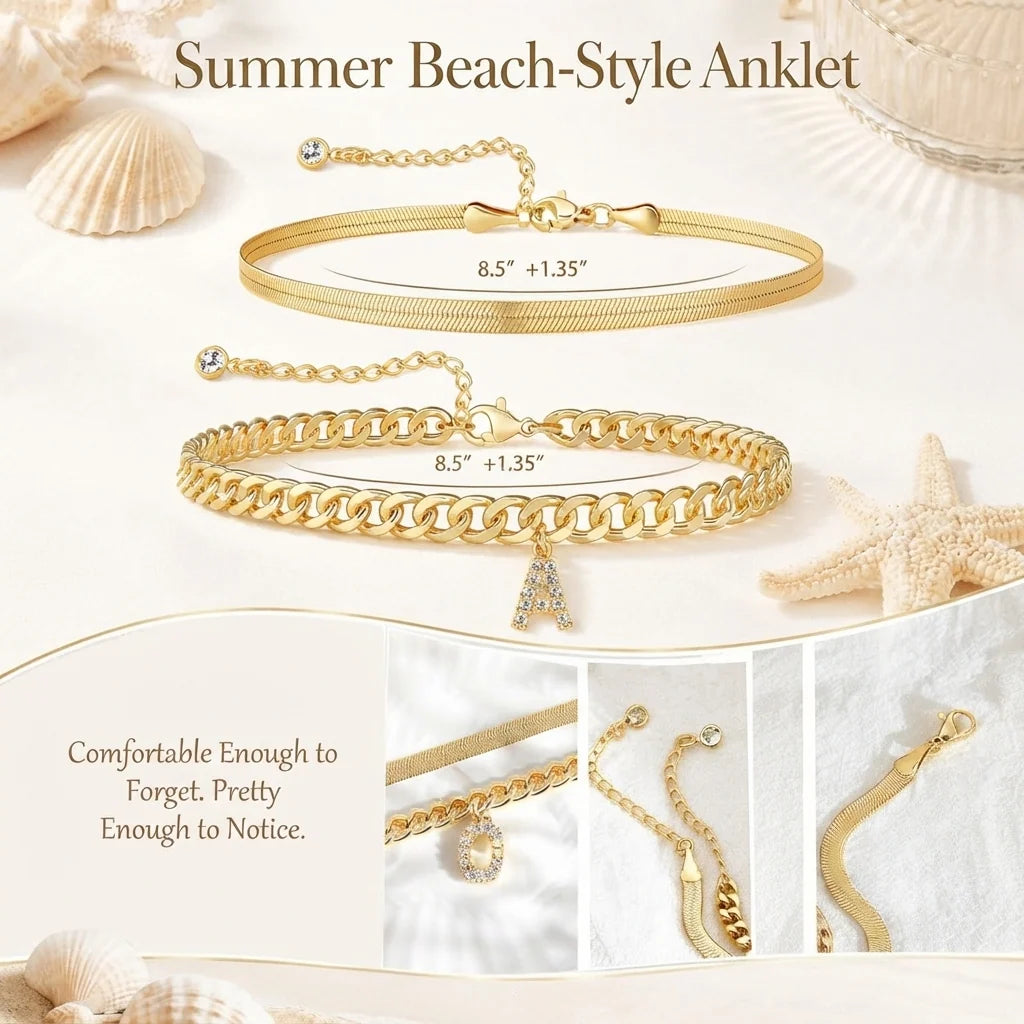 🔥Gold Initial Anklet✨14K Gold Plated, Waterproof Adjustable Letter Pendant, Stackable Beach Jewelry