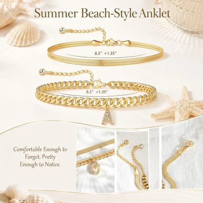 🔥Gold Initial Anklet✨14K Gold Plated, Waterproof Adjustable Letter Pendant, Stackable Beach Jewelry