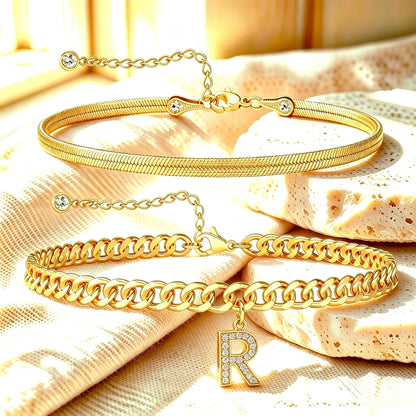 🔥Gold Initial Anklet✨14K Gold Plated, Waterproof Adjustable Letter Pendant, Stackable Beach Jewelry