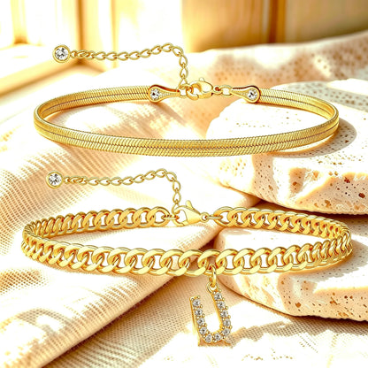 🔥Gold Initial Anklet✨14K Gold Plated, Waterproof Adjustable Letter Pendant, Stackable Beach Jewelry