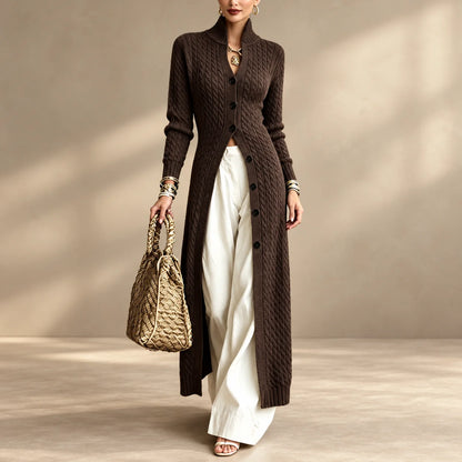 Women’s Long Cable Knit Cardigan, Elegant Full-Length Knitwear