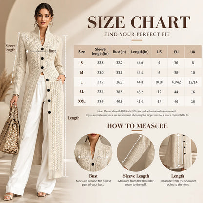 Women’s Long Cable Knit Cardigan, Elegant Full-Length Knitwear