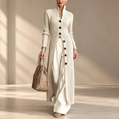 Women’s Long Cable Knit Cardigan, Elegant Full-Length Knitwear