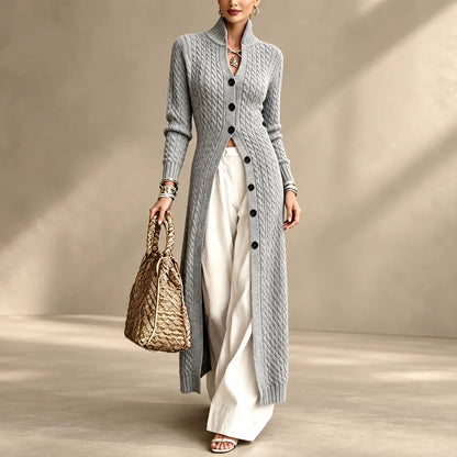 Women’s Long Cable Knit Cardigan, Elegant Full-Length Knitwear