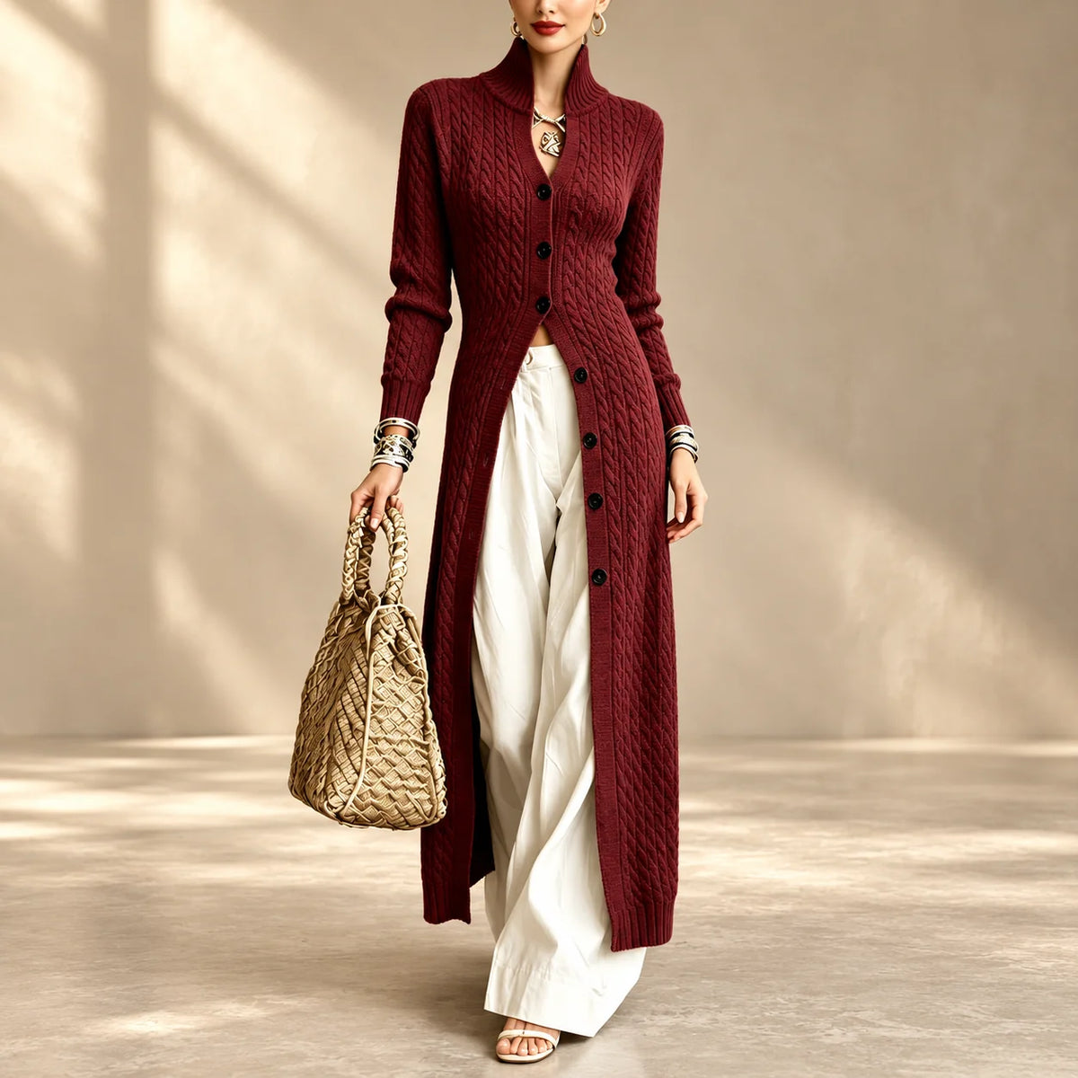 Women’s Long Cable Knit Cardigan, Elegant Full-Length Knitwear