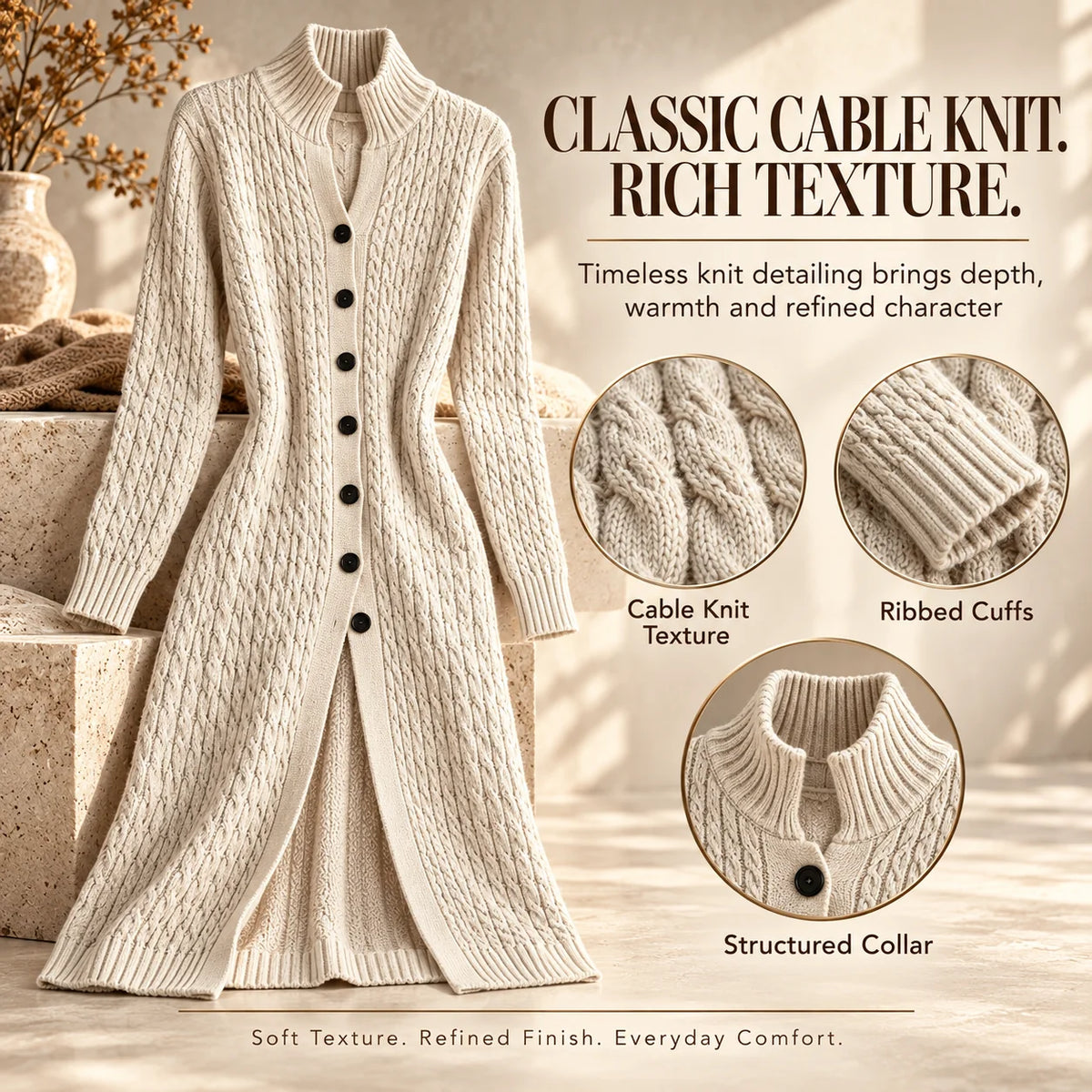 Women’s Long Cable Knit Cardigan, Elegant Full-Length Knitwear