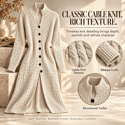 Women’s Long Cable Knit Cardigan, Elegant Full-Length Knitwear