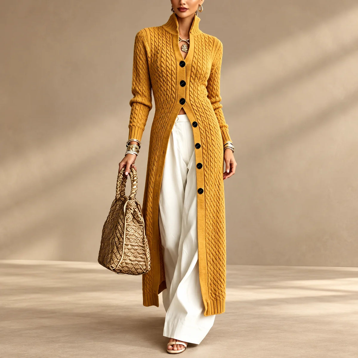 Women’s Long Cable Knit Cardigan, Elegant Full-Length Knitwear