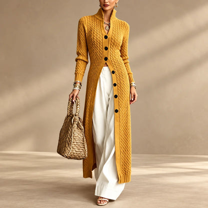 Women’s Long Cable Knit Cardigan, Elegant Full-Length Knitwear