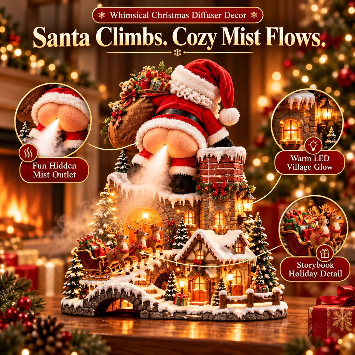 🎅 Santa’s Cheeky Christmas Village – Lighted Aroma Diffuser with Funny Santa Mist & Magical Holiday Glow
