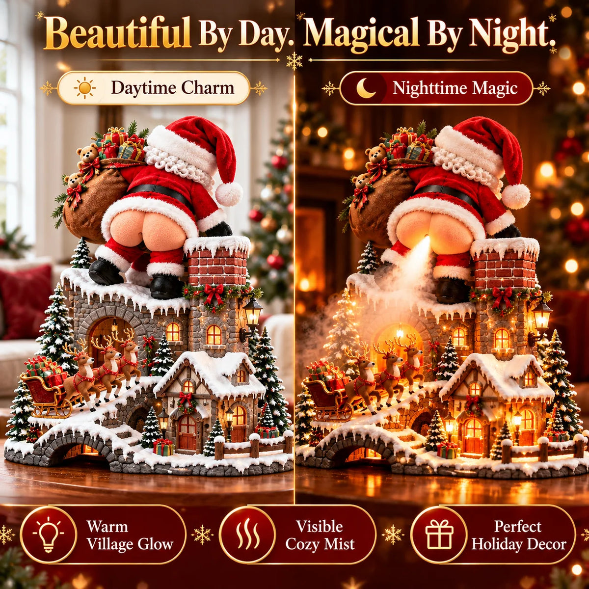🎅 Santa’s Cheeky Christmas Village – Lighted Aroma Diffuser with Funny Santa Mist & Magical Holiday Glow