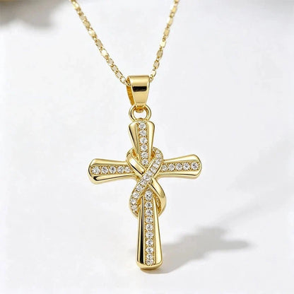 Women's Sparkling Twisted Knot Cross Pendant Necklace – Elegant Faith-Inspired Design with Brilliant Shine ✨