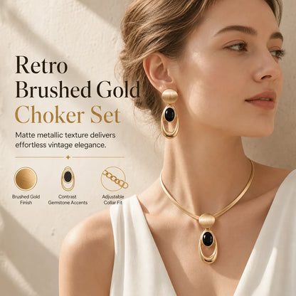 📢📢 50% OFF✨ Vintage Choker & Earring Set – Brushed Gold-Tone Finish & Black Stone Accents for Elegant Evenings