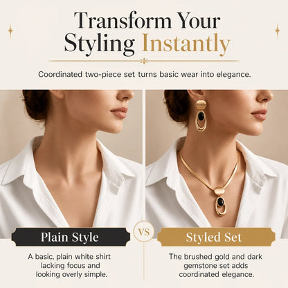 📢📢 50% OFF✨ Vintage Choker & Earring Set – Brushed Gold-Tone Finish & Black Stone Accents for Elegant Evenings