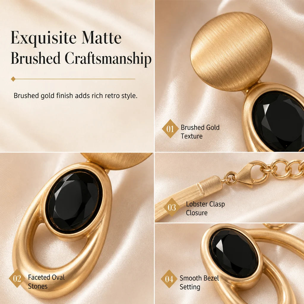 📢📢 50% OFF✨ Vintage Choker & Earring Set – Brushed Gold-Tone Finish & Black Stone Accents for Elegant Evenings