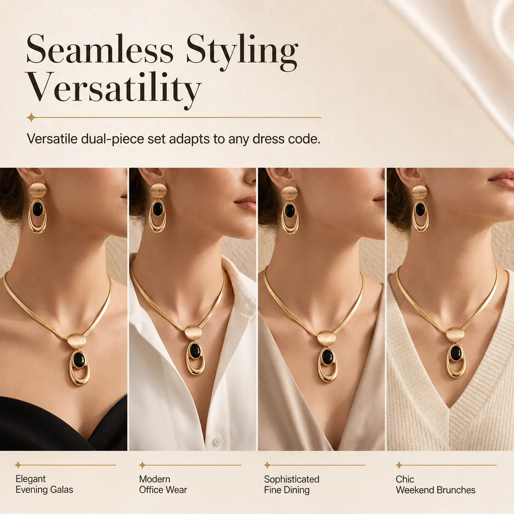 📢📢 50% OFF✨ Vintage Choker & Earring Set – Brushed Gold-Tone Finish & Black Stone Accents for Elegant Evenings
