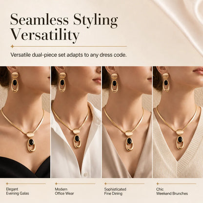 📢📢 50% OFF✨ Vintage Choker & Earring Set – Brushed Gold-Tone Finish & Black Stone Accents for Elegant Evenings