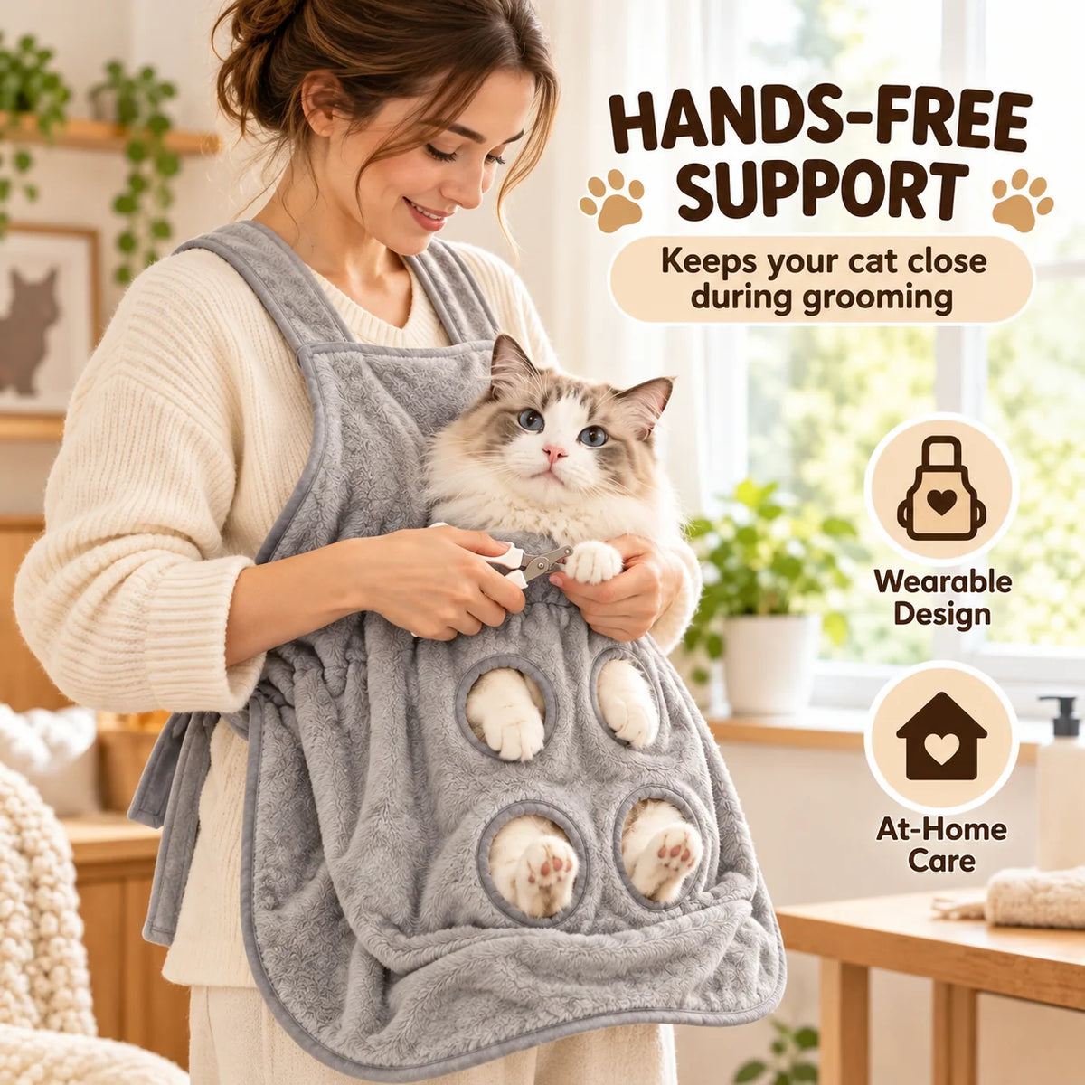 Cat Grooming Apron with Paw Openings – Hands-Free Cat Nail Trimming Holder for Easier At-Home Grooming