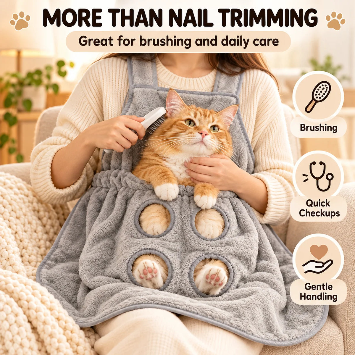 Cat Grooming Apron with Paw Openings – Hands-Free Cat Nail Trimming Holder for Easier At-Home Grooming