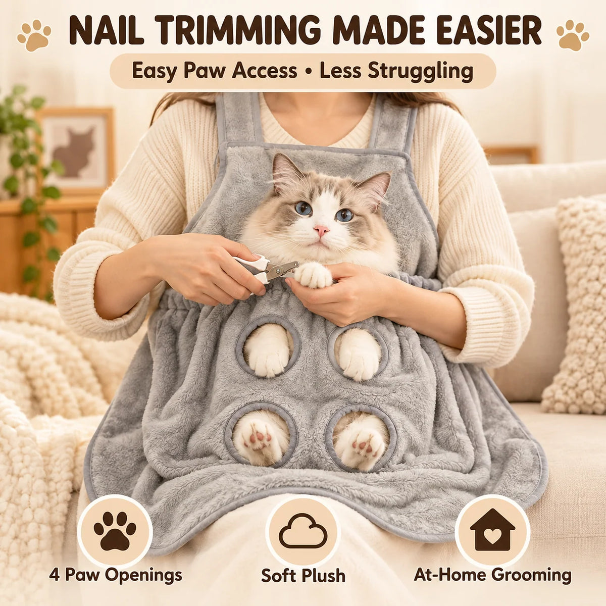 Cat Grooming Apron with Paw Openings – Hands-Free Cat Nail Trimming Holder for Easier At-Home Grooming