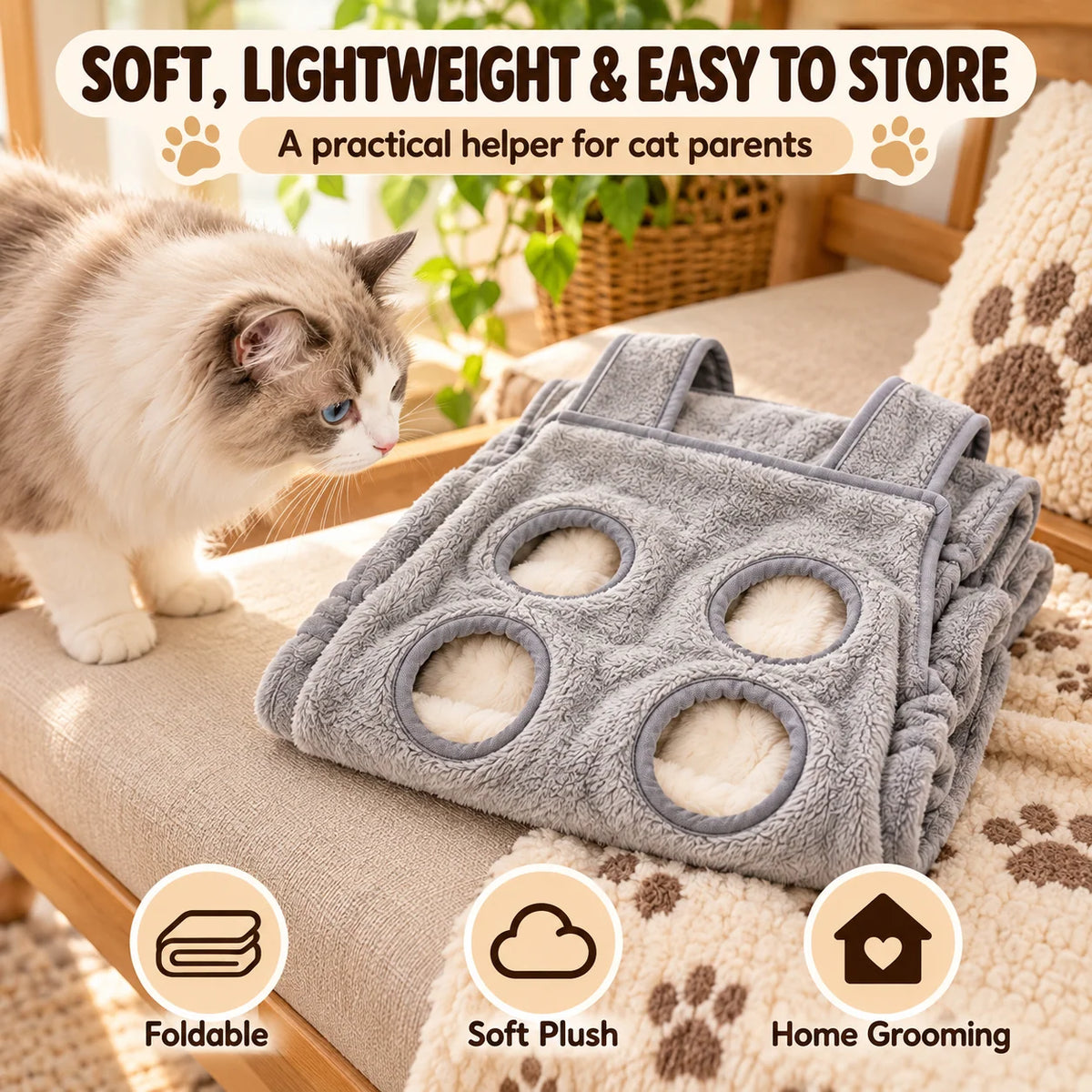 Cat Grooming Apron with Paw Openings – Hands-Free Cat Nail Trimming Holder for Easier At-Home Grooming