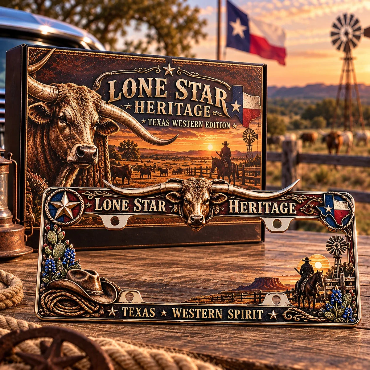 🐂 Texas Longhorn 3D Metal License Plate Frame & Hitch Cover Set – Vintage Western Cowboy Truck Decor & Gift