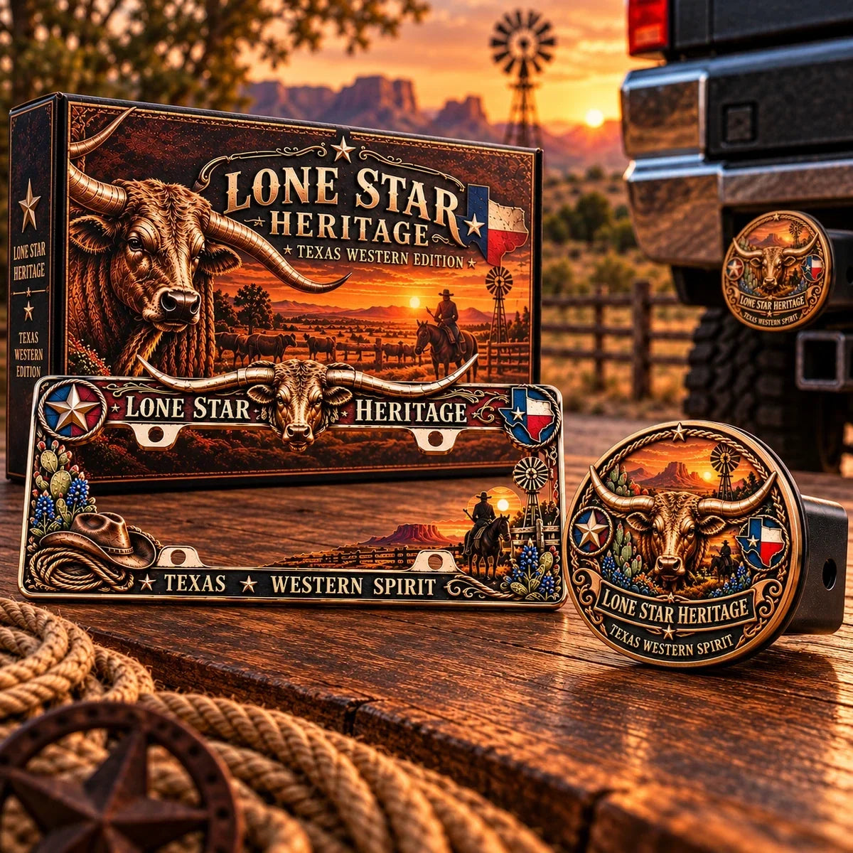 🐂 Texas Longhorn 3D Metal License Plate Frame & Hitch Cover Set – Vintage Western Cowboy Truck Decor & Gift