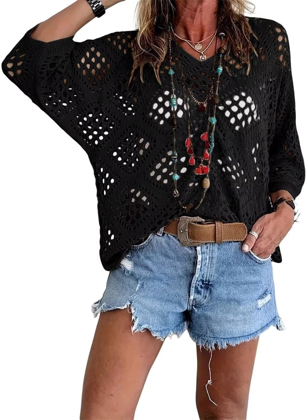 Women's Bohemian-Inspired Beige Crochet Top with V-Neck
