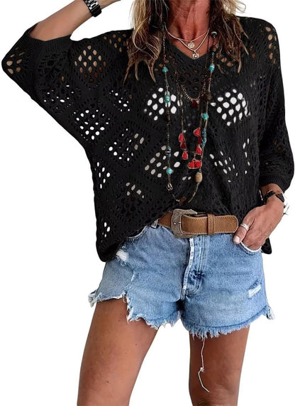 Women's Bohemian-Inspired Beige Crochet Top with V-Neck