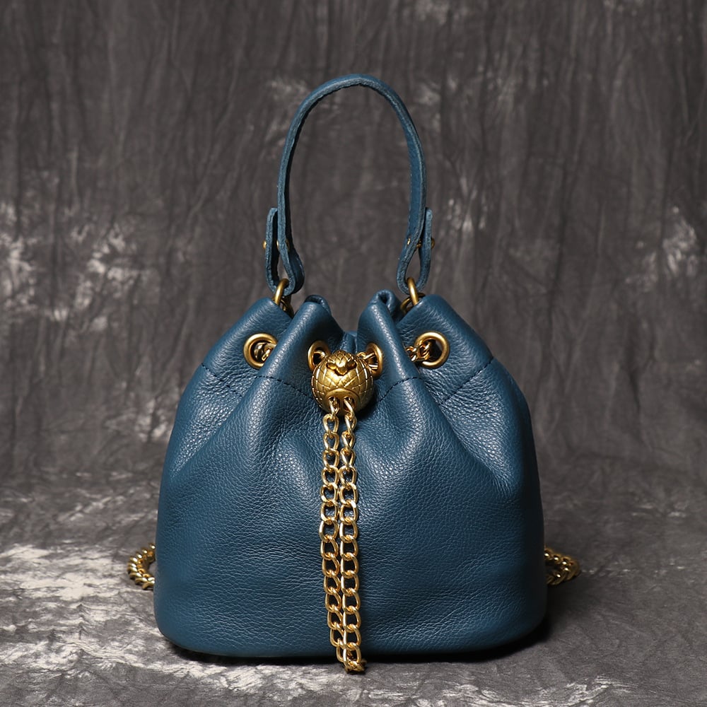 🍂Genuine Leather Bucket Bag 👜 Shoulder Bag with Chain Strap for Women