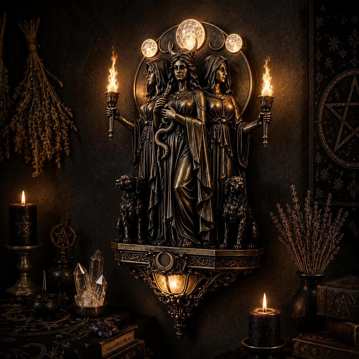🔥 Hecate Triple Goddess LED Wall Sconce – Mystical Torch Wall Light🌙