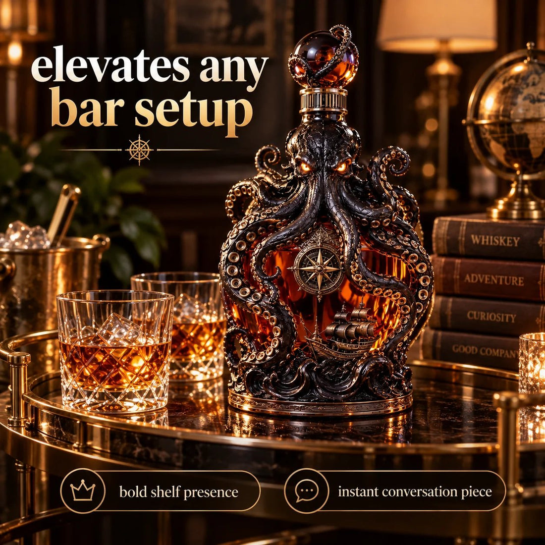 Kraken decanter displayed on an elegant home bar cart