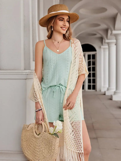 2026 Women’s Lightweight Knit Cardigan – Oversized Open Front, Hollow-Out Crochet Tassel Kimono Sweater for Spring & Summer