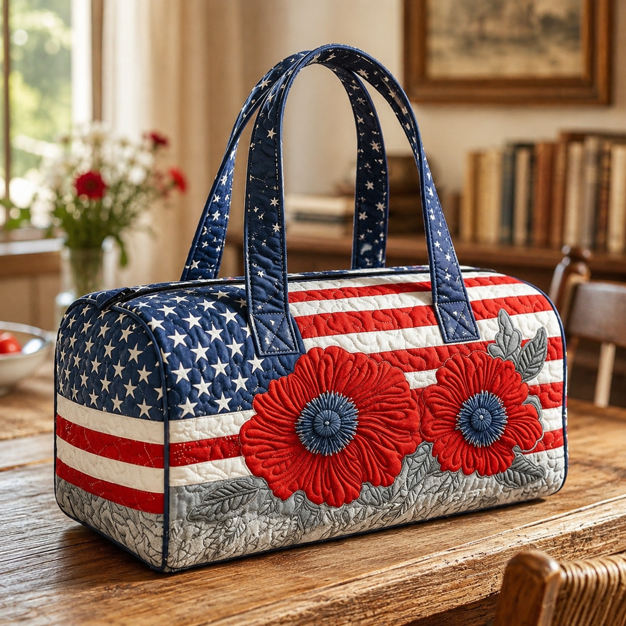 🦅👜Handcrafted American Flag Quilted Tote – 3D Floral Patriotic Shoulder Bag🌸