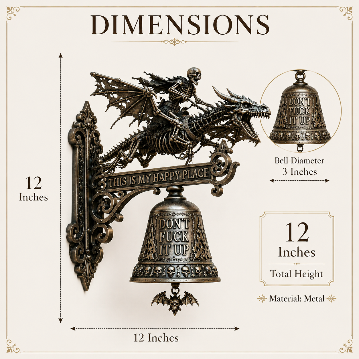 🐉 Skull Dragon Rider Bell – “This Is My Happy Place” Wall Bell