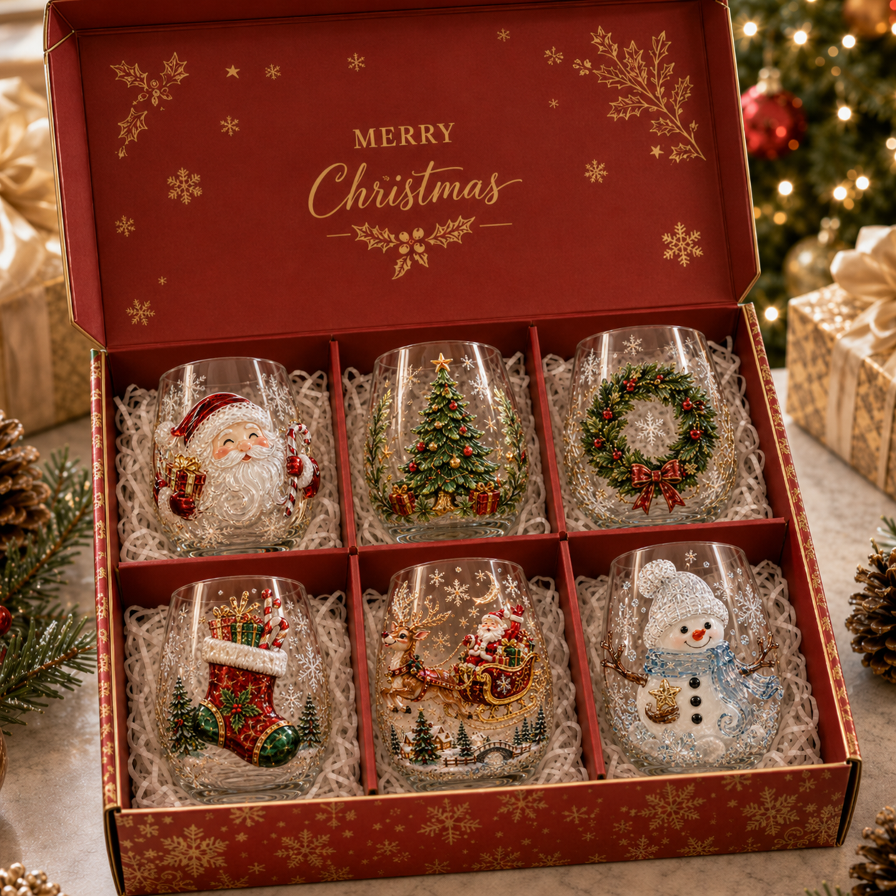 🎅Magical Christmas  Glass Cup Collection – Santa, Reindeer, Snowman & Christmas Tree