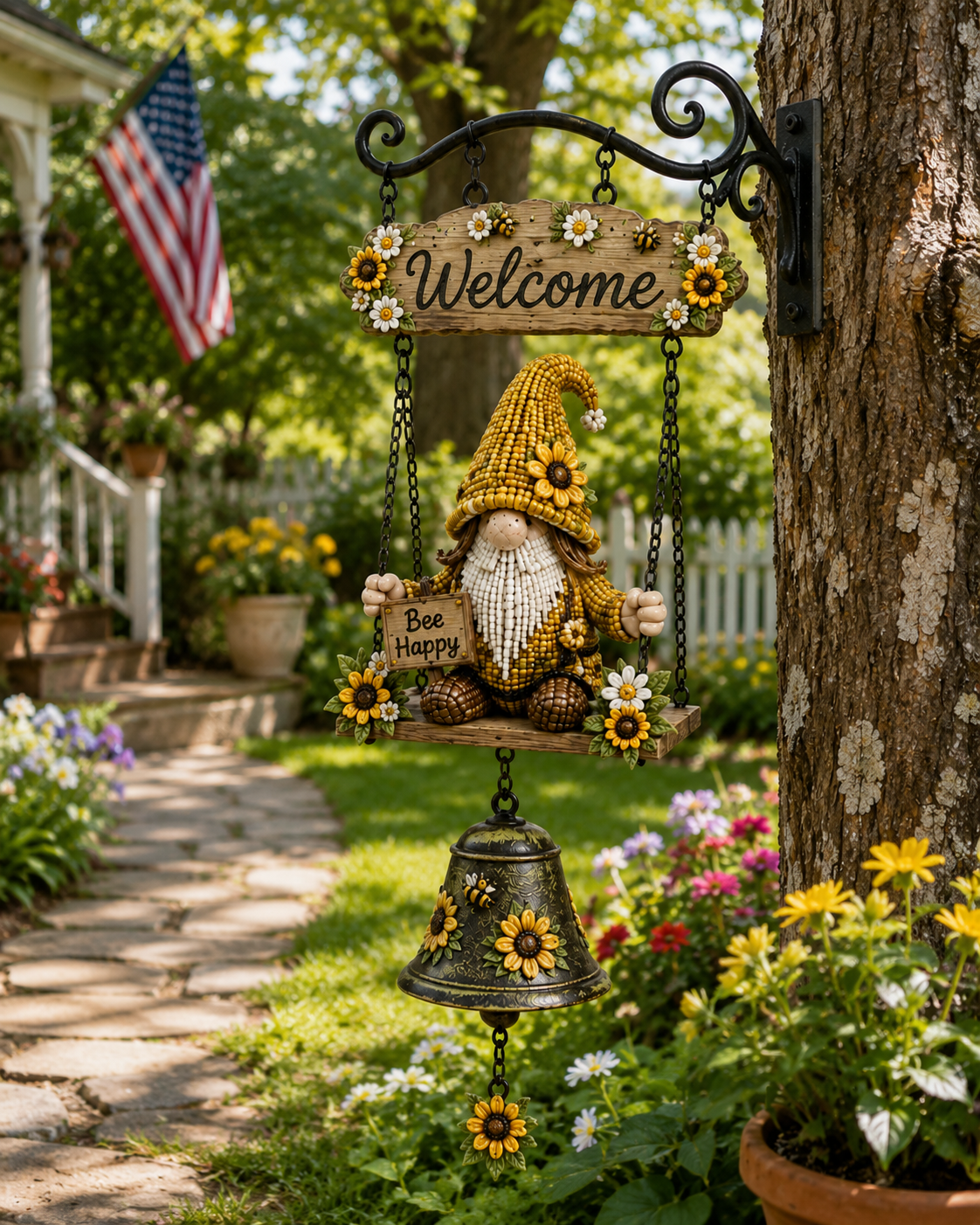 Rustic Garden Gnome Bell – Bee-Themed Farmhouse Outdoor Decor 🌼