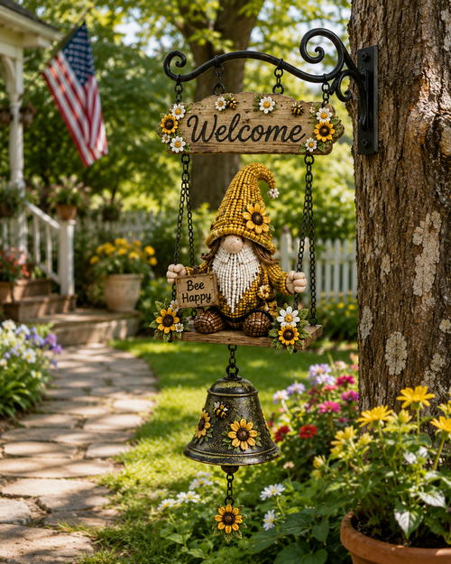 Rustic Garden Gnome Bell – Bee-Themed Farmhouse Outdoor Decor 🌼