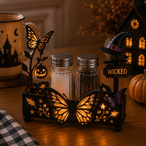 Lighted Halloween Salt & Pepper Shaker Holder Set