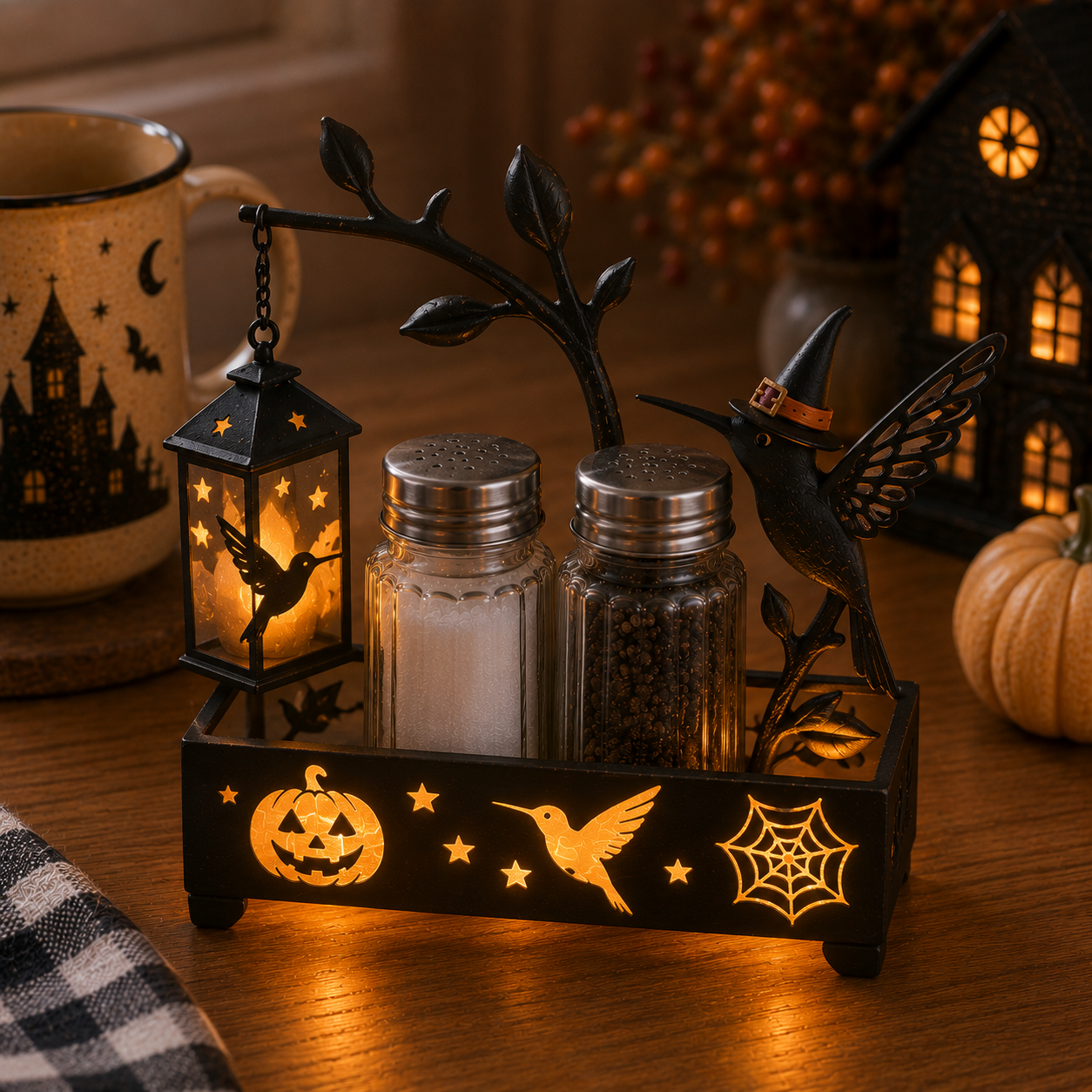 Lighted Halloween Salt & Pepper Shaker Holder Set