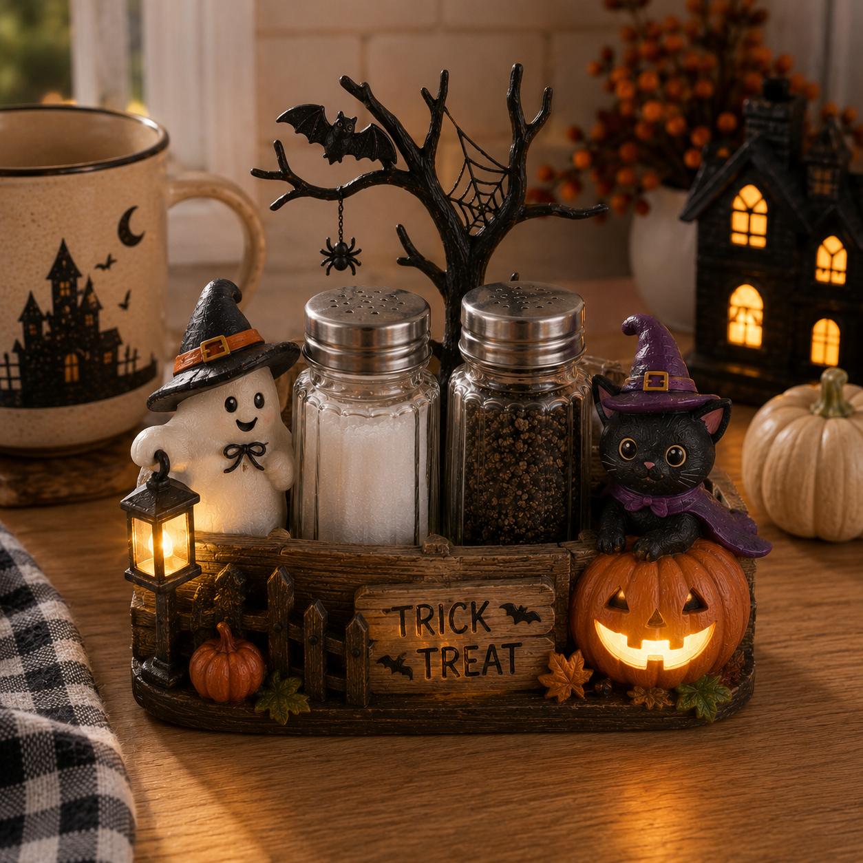 Lighted Halloween Salt & Pepper Shaker Holder Set