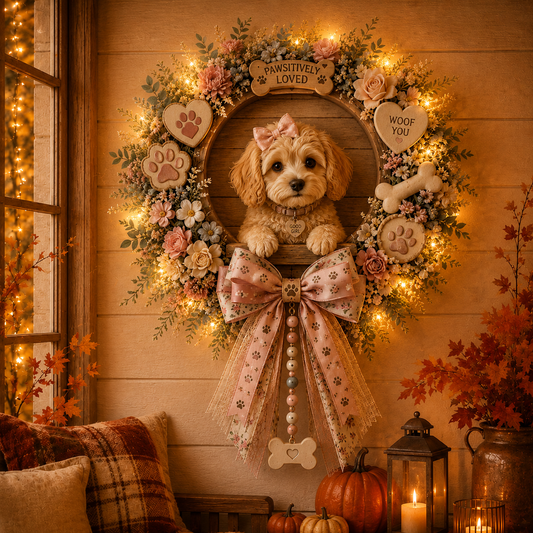 🌸🐶 Lighted Pink Floral Dog Lover Wreath& Personalized Photo Keepsake
