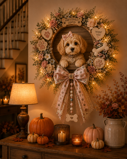 🌸🐶 Lighted Pink Floral Dog Lover Wreath