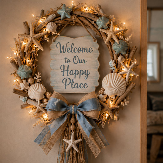 Lighted Coastal “Happy Place” Welcome Wreath